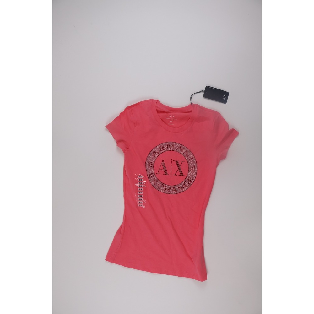 Armani Exchange Womens T-Shirt Rhinestone Logo Pink Lemonade XS NWT